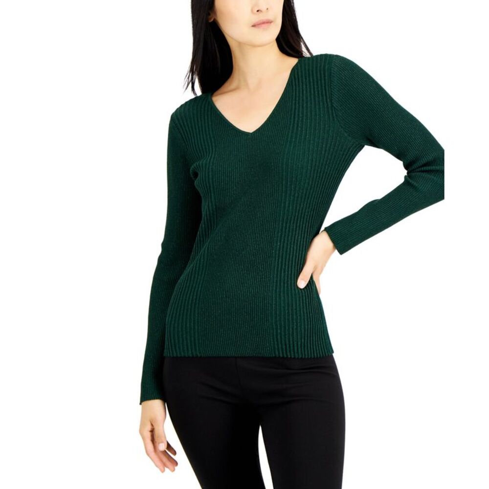 Alfani Womens Metallic Ribbed V Neck Sweater